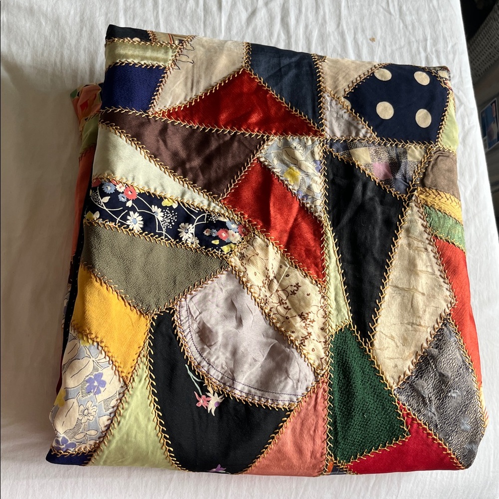 Vintage Silk "Crazy Quilt" Wall Hanging Throw Patchwork Quilt Victorian 94"x77"